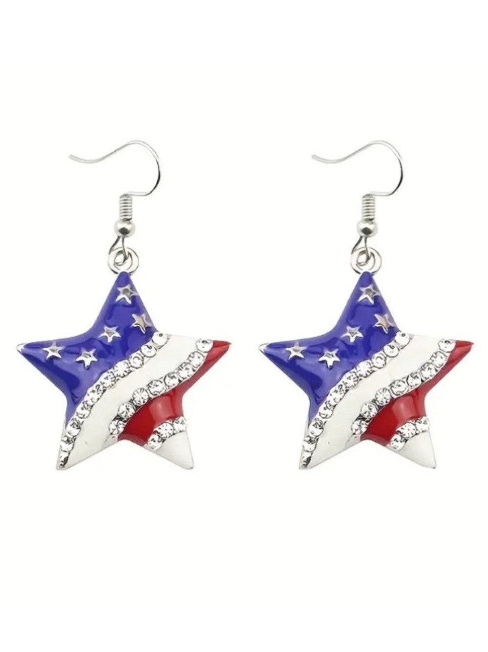Patriotic Star Red White & Blue Enamel & Crystal Silver Toned Dangle Earrings